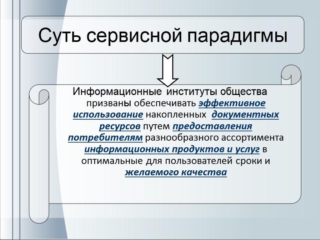 Информационные институты общества призваны обеспечивать эффективное использование накопленных документных ресурсов путем предоставления потребителям разнообразного